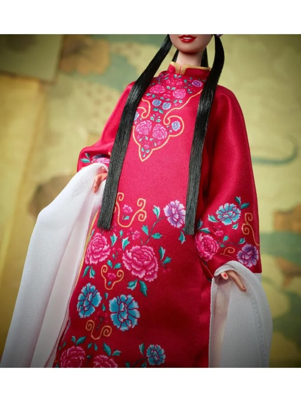 Lunar New Year Collectible Doll in Red Floral Robe with Accessories & Stand